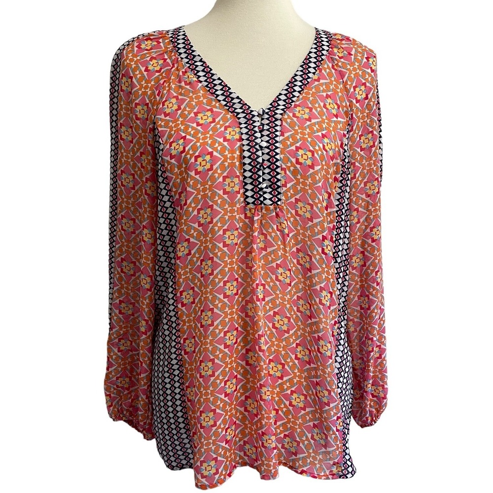 Zac & Rachel Blouse Womens Medium Orange Pink Geometric V-Neck Excellent